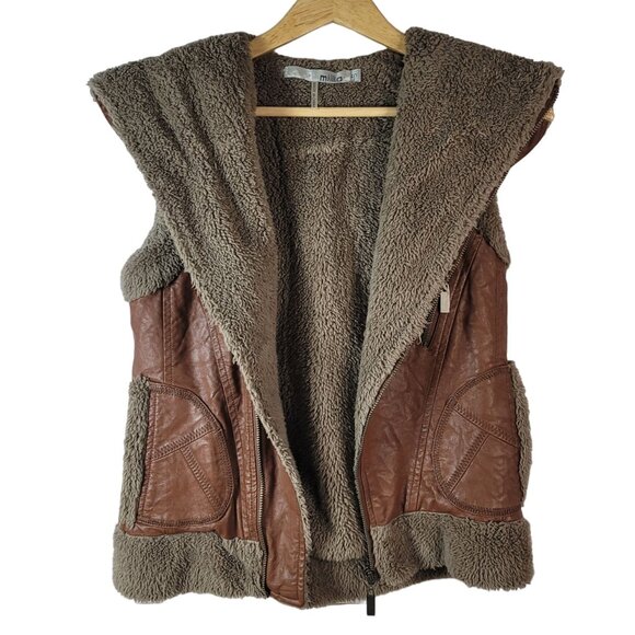 Miilla Shearling Faux Leather Vest Brown Small Lined Zip Pockets Hood Vegan READ - Picture 7 of 13